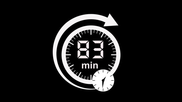 83 min clock icon animation. arrow Clock 83-minute icon Digital and analog clock 83 minutes isolated on white background. 83 minute timer symbol, isolated on transparent background with alpha channel.