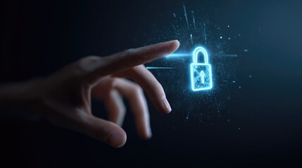 A human hand reaches out to touch a glowing blue digital padlock icon, representing secure access and data protection in the digital realm.