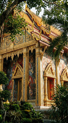 Obraz premium A stunning temple adorned with intricate golden details and vibrant murals, nestled among lush vegetation, perfect for travel brochures or cultural articles.