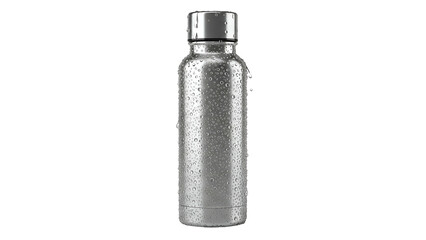 Metallic water bottle, condensation droplets, black background, sleek design, isolated, 3D render