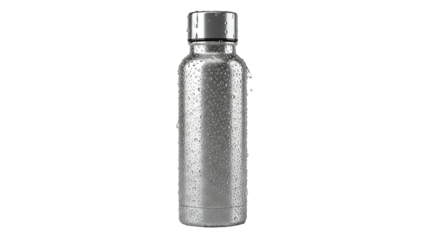 Metallic water bottle, condensation droplets, black background, sleek design, isolated, 3D render