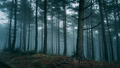 Fototapeta premium Mysterious Misty Pine Forest Landscape Morning