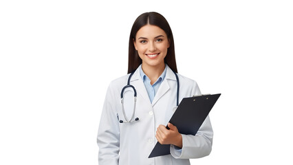 Friendly young female doctor holding a clipboard isolated on transparent background