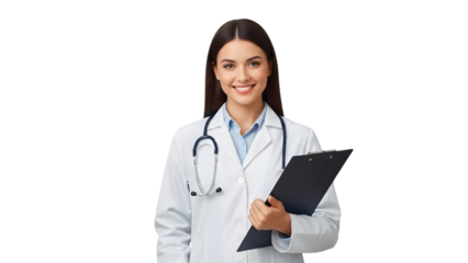 Friendly young female doctor holding a clipboard isolated on transparent background