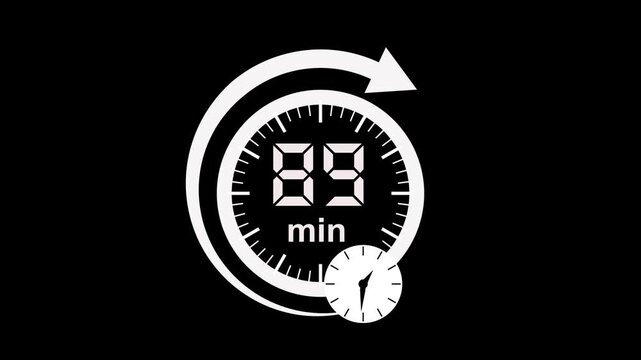89 min clock icon animation. arrow Clock 89-minute icon Digital and analog clock 89 minutes isolated on white background. 89 minute timer symbol, isolated on transparent background with alpha channel.