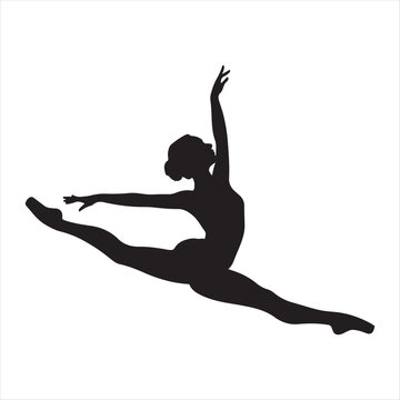 Silhouette of a female dancer performing a split leap in the air