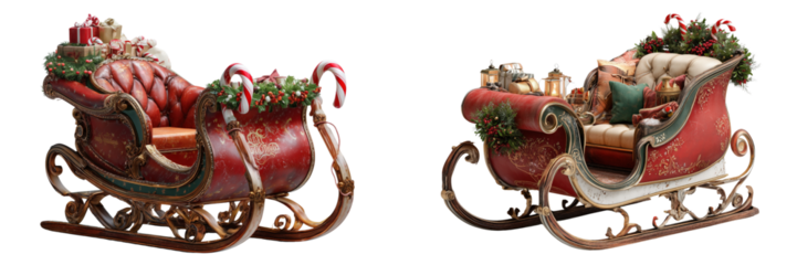 Ornate Christmas Sleigh with Gifts isolated on a transparent background
