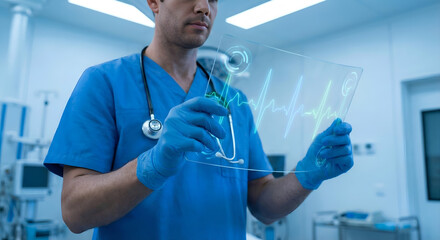 Doctor Monitoring Vital Signs on Transparent Tablet