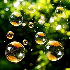 Bubbles floating in nature outdoor scene photography lush green environment close-up view playfulness and wonder