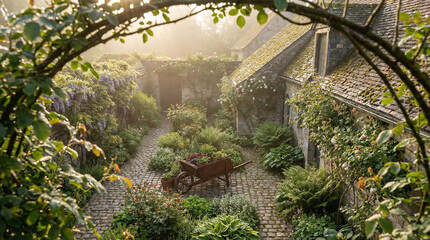 Serene garden scene with a cobblestone pathway, blooming flowers, and lush greenery, bathed in soft sunrise light. Perfect for spring-themed projects and relaxation imagery.