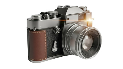 Metallic, classic camera with leather grip and lens flare against a black backdrop