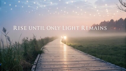 Wooden boardwalk path leading to bright light in serene landscape