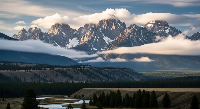 A scenic vista showcasing rugged, snow-dusted peaks, wispy clouds, and a flowing river against a backdrop of rolling hills and forest - Powered by Adobe