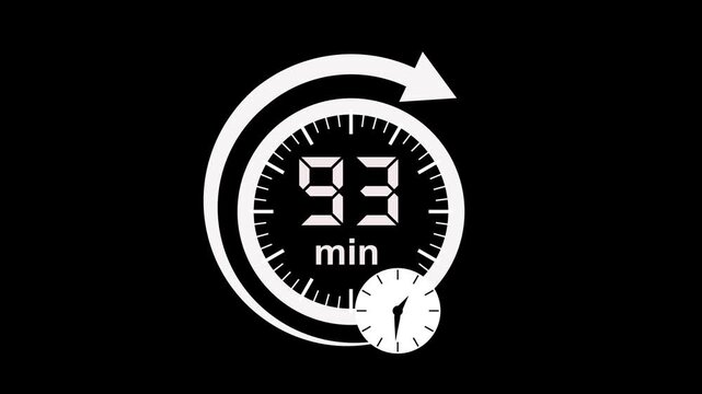 93 min clock icon animation. arrow Clock 93-minute icon Digital and analog clock 93 minutes isolated on white background. 93 minute timer symbol, isolated on transparent background with alpha channel.