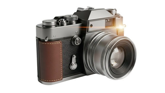 Metallic, classic camera with leather grip and lens flare against a black backdrop