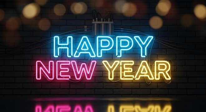 Happy new year colorful neon sign on a dark brick wall with bokeh lights