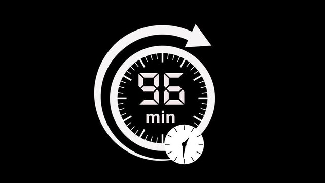 96 min clock icon animation. arrow Clock 96-minute icon Digital and analog clock 96 minutes isolated on white background. 96 minute timer symbol, isolated on transparent background with alpha channel.