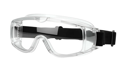 Clear safety goggles with adjustable black strap and transparent frame, isolated
