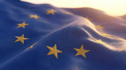 Detailed close-up of the European Union flag, showcasing its blue fabric and yellow stars. Ideal for educational materials or political discussions.