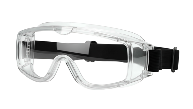 Clear safety goggles with adjustable black strap and transparent frame, isolated