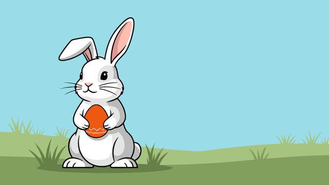 rabbit on a meadow holding an Easter egg against a sky background with copy space