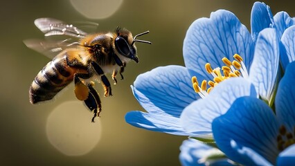 A Honeybee Hovering Next to a Beautiful Blue Flower