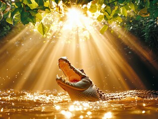 Crocodile rising from water jungle river wildlife photography sunlit environment close-up view nature's majesty