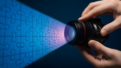 Camera Shining Light on a Puzzle Concept Representing Solution Discovery