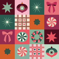 Retro Christmas seamless pattern with festive ornaments, flat design, Holiday icons arranged in a colorful geometric grid background