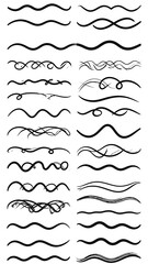 Obraz premium A collection of diverse, hand-drawn, black curved lines and swirls arranged in rows for decorative use