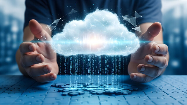 Cloud Computing Concept Person Holding Digital Cloud over Puzzle Pieces
