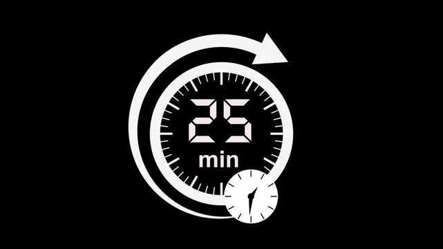 25 min clock icon animation. arrow Clock 21-minute icon Digital and analog clock 25 minutes isolated on white background. 25minute timer symbol, isolated on transparent background with alpha channel.
