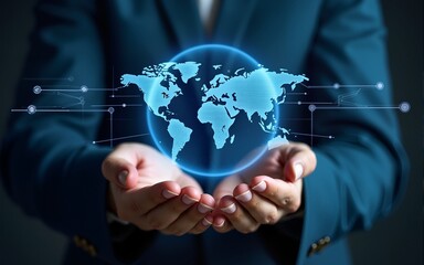 Hand man holding of global Industry 4.0 network connection, cyber-physical systems Internet of Things cloud computing big data analytics. High quality