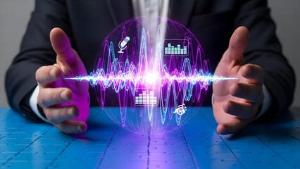Digital Audio Waveform Presentation in Hand with Technological Icons