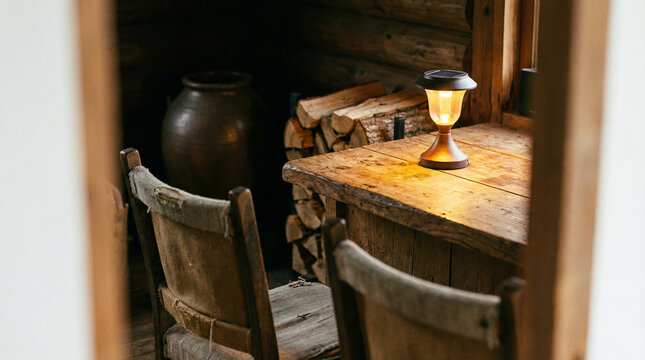 Inviting rustic interior featuring a lantern and wooden furniture, ideal for creating a warm ambiance in homes or cabins.