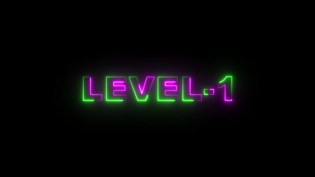 Level -1 neon bright text font colorful motion animation. Ideal for futuristic game intros animation. Neon level 1 up sing on black background.