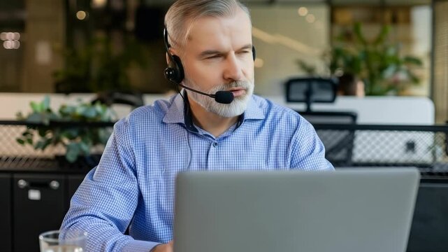 Senior man with headset engaged in a video call or online meeting on his laptop