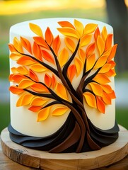 Autumn-themed cake decoration outdoor setting food photography vibrant environment close-up view seasonal celebration