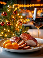 Festive roast duck with oranges and wine cozy restaurant food photography christmas atmosphere close-up culinary delight