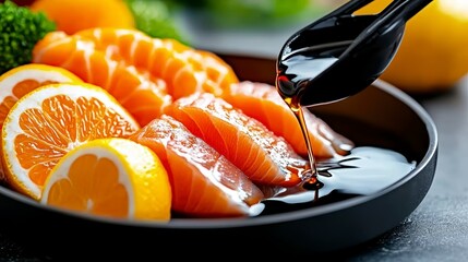 Savoring fresh salmon with citrus glaze culinary delight gourmet kitchen vibrant colors close-up food presentation
