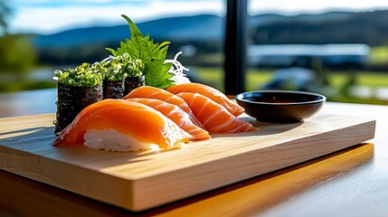 Fresh sushi plate display scenic restaurant food photography vibrant environment close-up view culinary delight