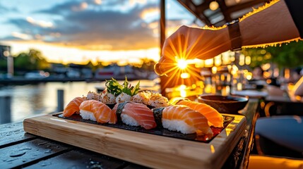 Sushi preparation at sunset riverside dining experience food photography urban setting close-up shot culinary art