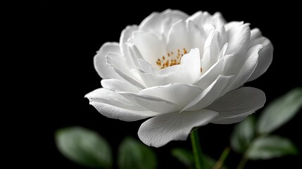 Obraz premium Close up of a delicate white rose blossom with visible stamens against a deep black background
