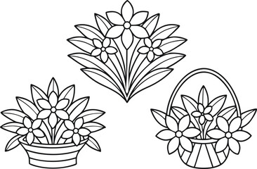 Floral Arrangements Set in Outline Strokes. Elegant Floral Arrangement Outline Collection. Flower Arrangement Set in Line Art. Botanical Floral Arrangement Outline Pack. Simple Floral Arrangement
