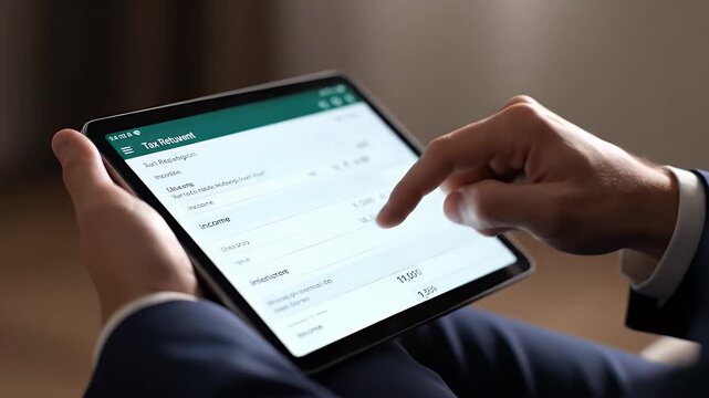 Close Up Of Business Person Using A Digital Tablet With Financial Data And Tax Icons On Screen With Blue Suit And Soft Background Light