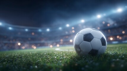 Naklejka premium A close up of a classic black and white soccer ball resting on wet grass under stadium floodlights at night