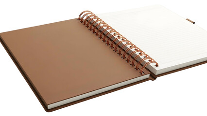 Open notebook with brown cover, spiral binding, and blank, lined pages ready for writing