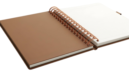 Open notebook with brown cover, spiral binding, and blank, lined pages ready for writing