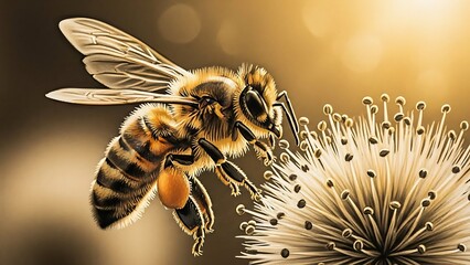 Honeybee Gathering Nectar from a Thistle Flower, Selective Focus