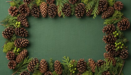 Green background with pine cones and pine needles border
